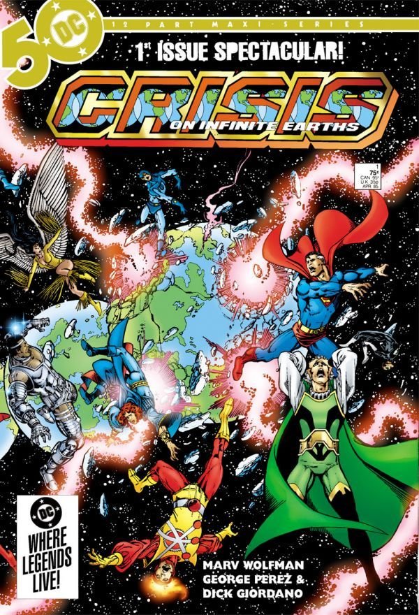 Crisis on Infinite Earths #1 cover by George Perez and Dick Giordano.