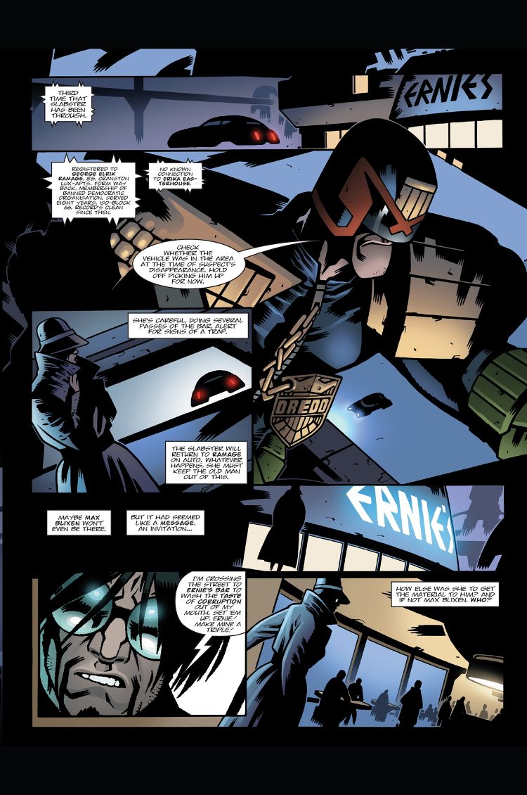 Judge Dredd: Mega-City Confidential page by John Wagner, Colin MacNeil, Chris Blythe, and Annie Parkhouse.