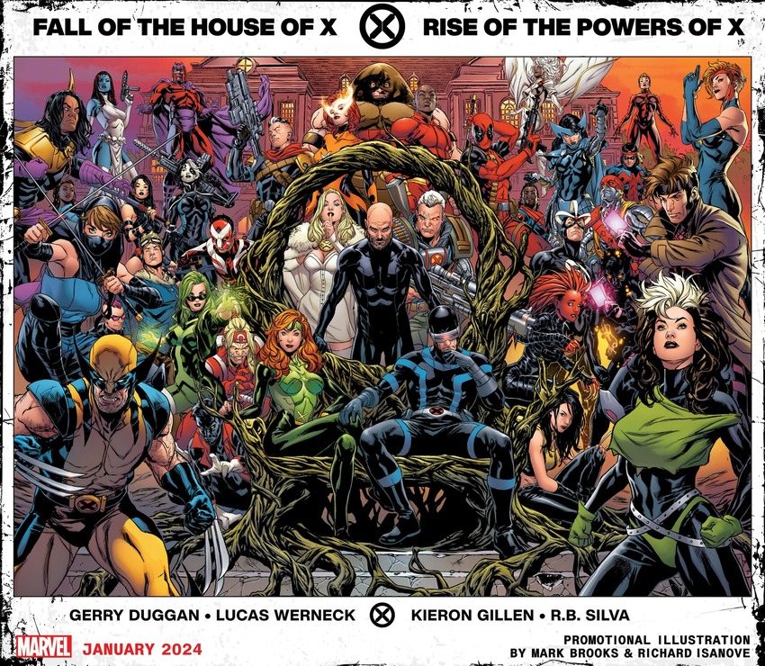 Fall of the House of X and Rise of the Powers of X promo image by Mark Brooks and Richard Isanove.