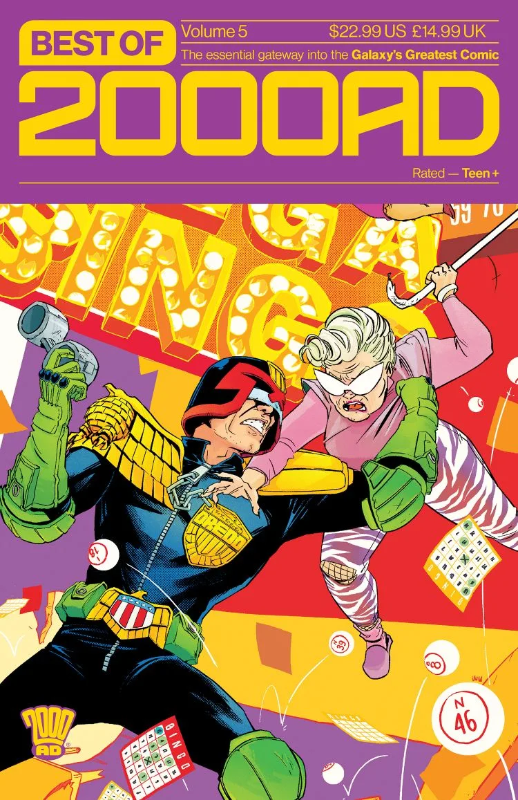 Best of 2000 AD Volume 5 cover by Annie Wu. Judge Dredd fighting a criminal bingo lady.
