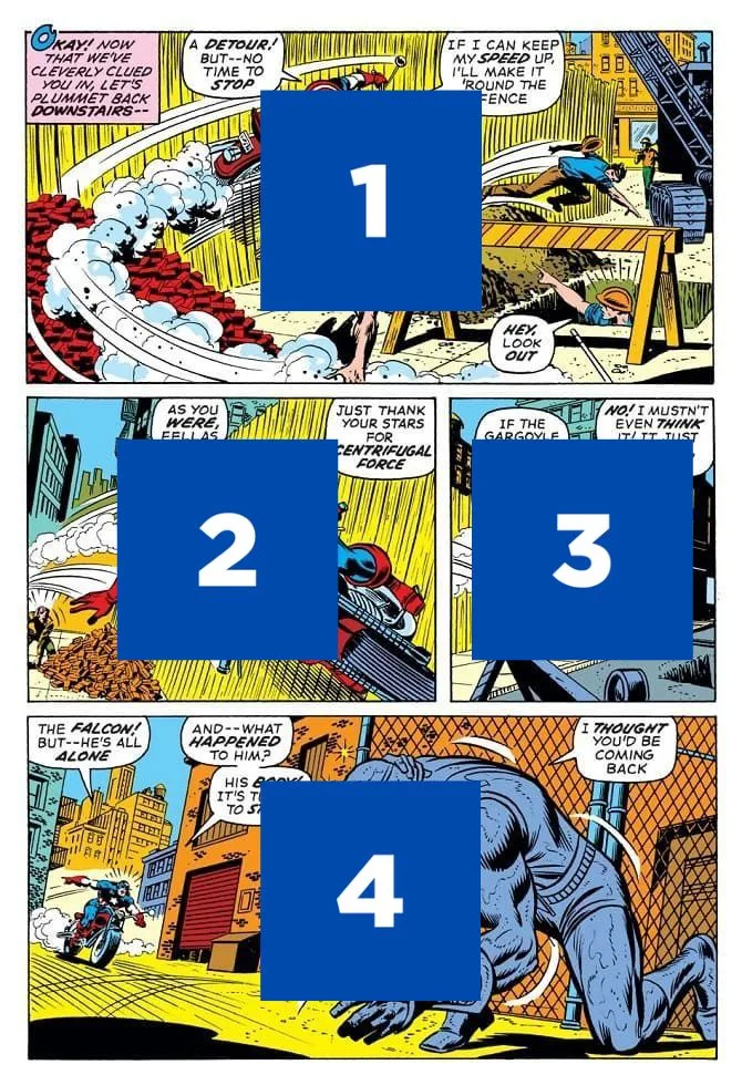 A four-panel Captain America page by Jack Kirby and Frank Giacoia.