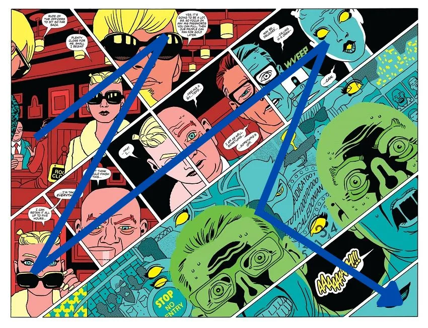 Ninjak spread by Javier Pulido that shows how to read it through directional arrow.