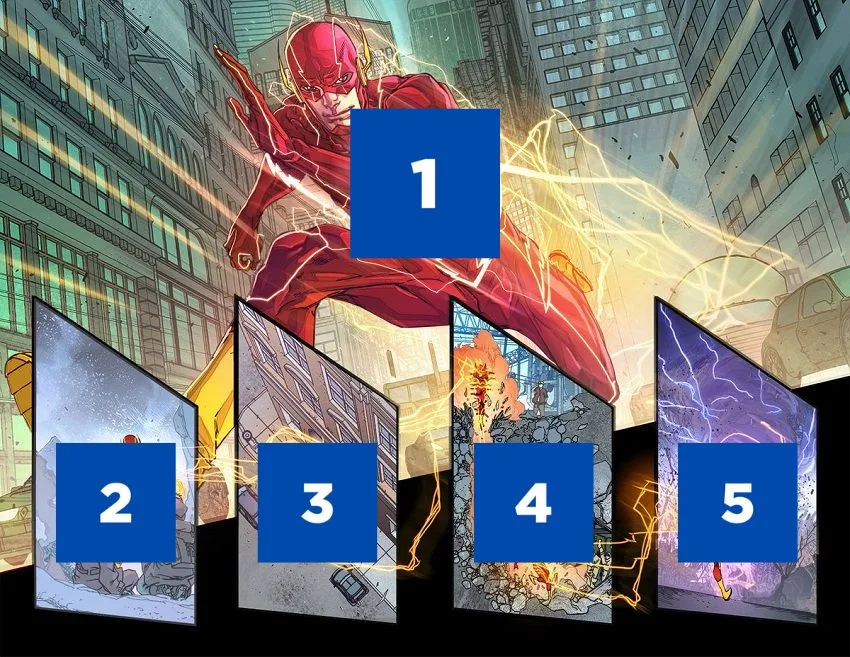 Flash spread by Carmine Di Giandomenico with panel numbering.
