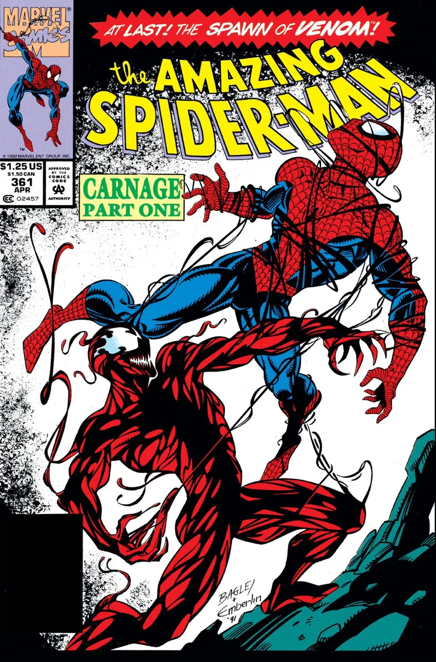 Amazing Spider-Man #361 cover by Mark Bagley and Randy Emberlin.