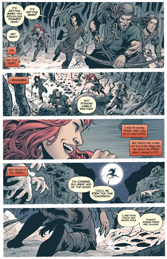 Red Sonja (2013 series) #4 page by Gail Simone, Walter Geovani, Adriano Lucas, and Simon Bowland.