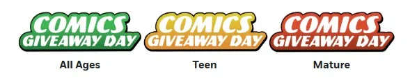 Comics Giveaway Day logos color coded for All Ages, Teen, and Mature.