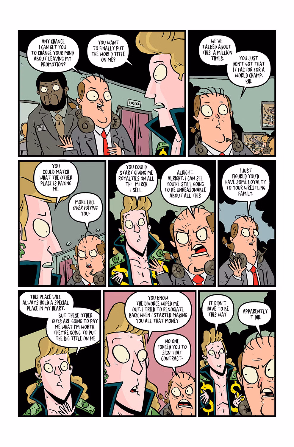 Wrestle Heist #1 page by Kyle Starks and Vladimir Popov.