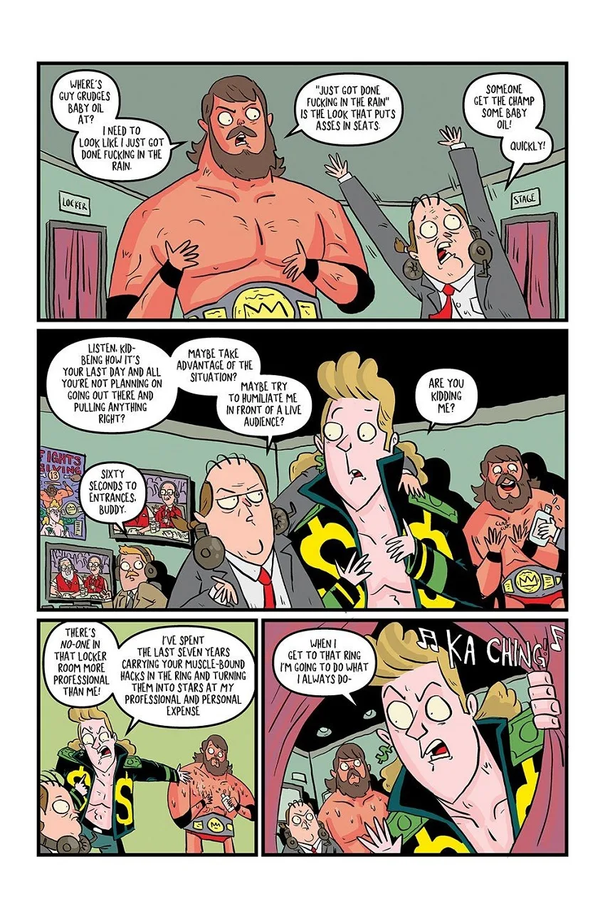 Wrestle Heist #1 page by Kyle Starks and Vladimir Popov.